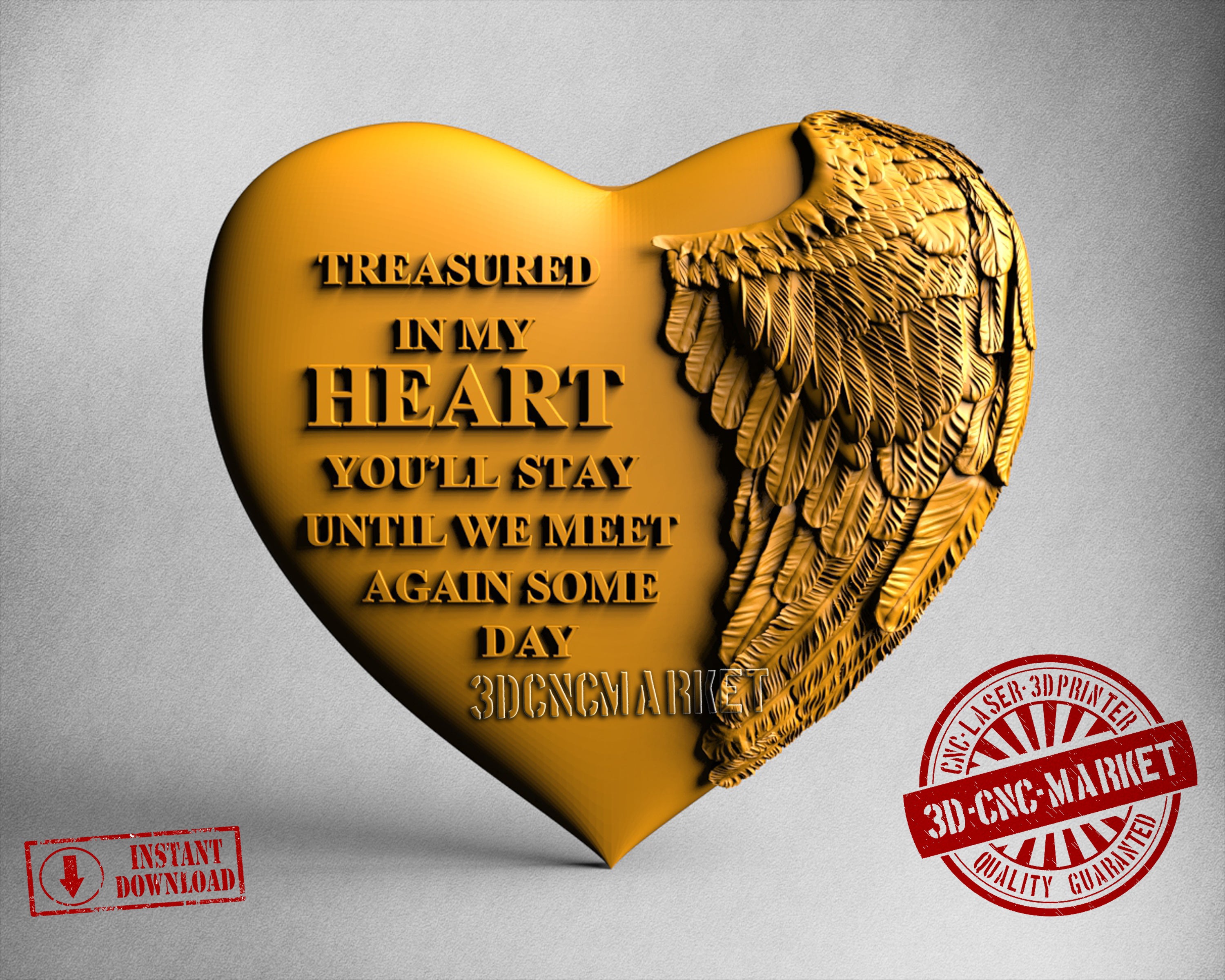Wings Heart Text, 3D STL Model