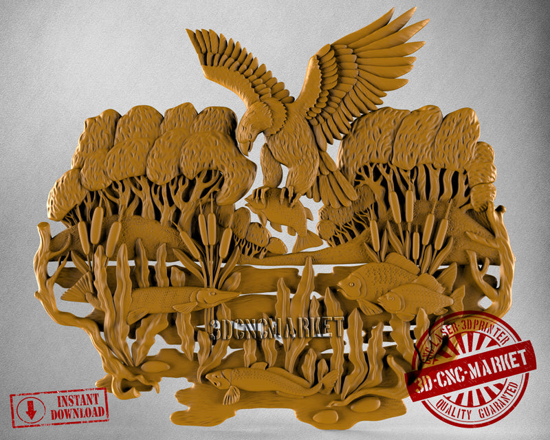 Eagle Hunting Fish, 3D STL Model