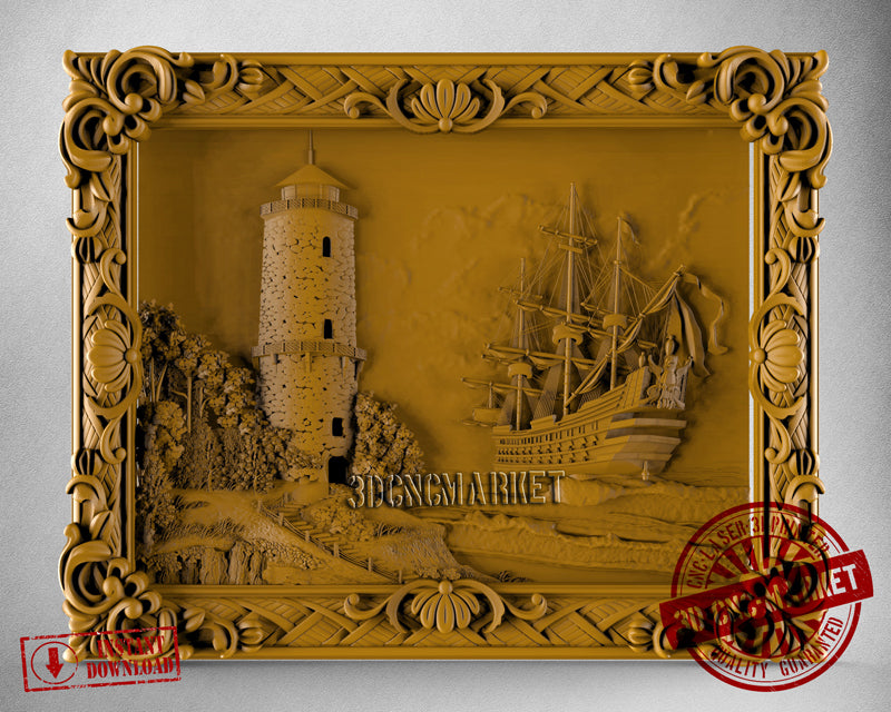 Ship and Lighthouse View, 3D STL Model